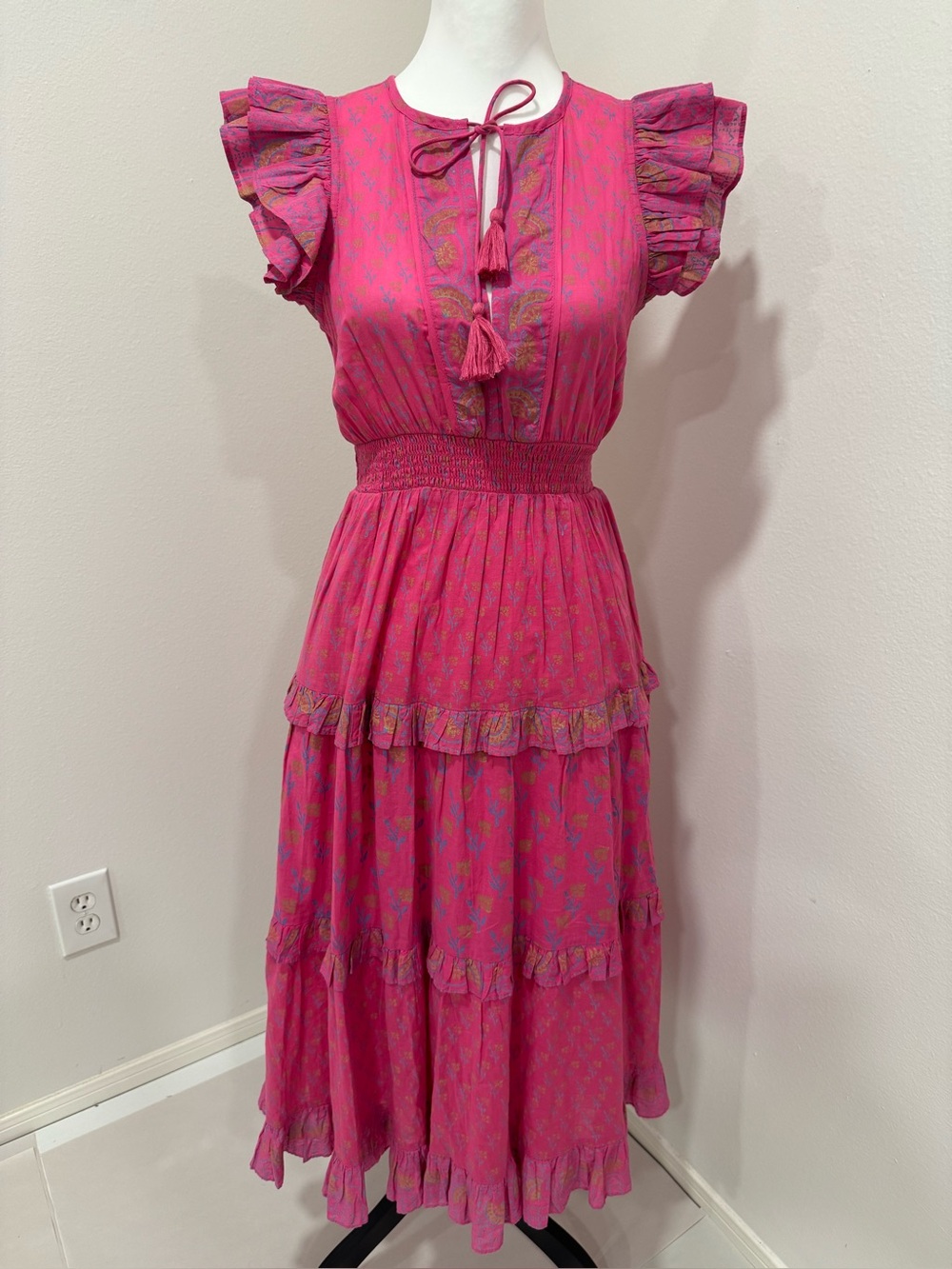 Cleobella Kenzie NO BELT Ruffle Tiered Maxi Dress Tassel Tie Organic Cotton XS